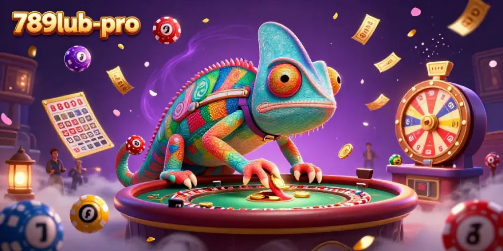 Immerse yourself in the vibrant atmosphere of 789lub-pro with a playful chameleon casino owner, highlighting exciting gaming elements.
