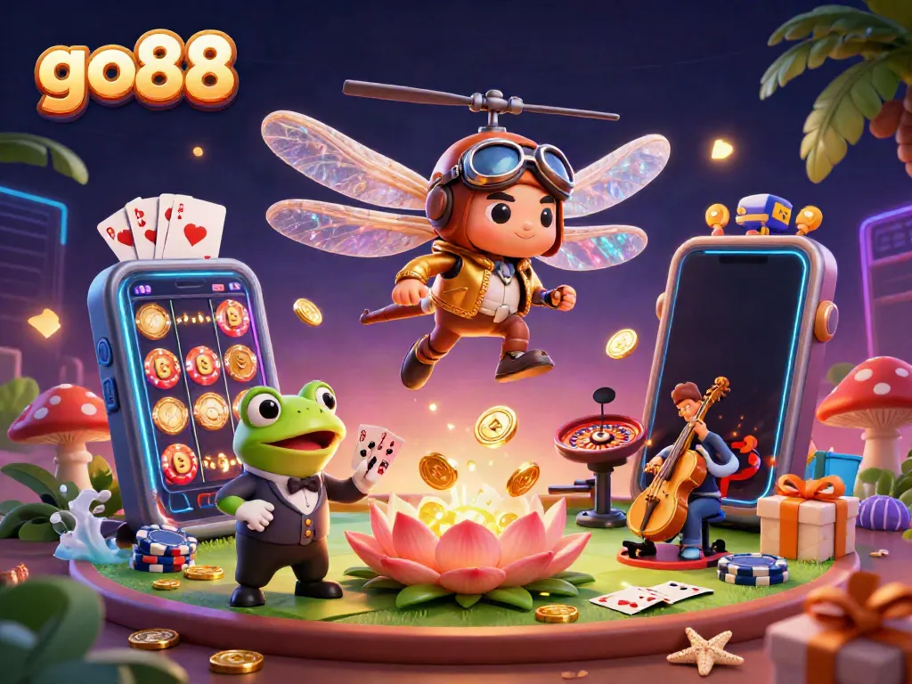 Engage with go88's thrilling atmosphere, featuring vibrant casino elements and animated characters.