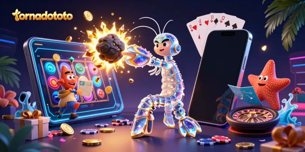 Engage with tornadototo's dynamic casino experience featuring colorful slots, golden treasures, and vibrant characters.
