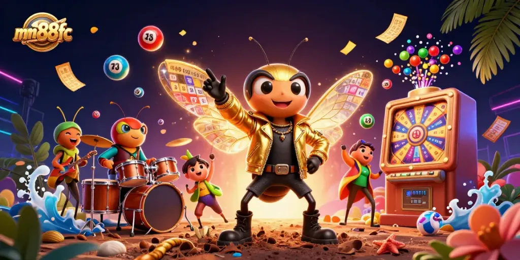 Experience mm88fc excitement with a vibrant 3D illustration of a cicada rock star performing amidst lottery elements.