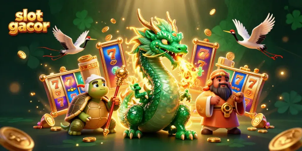 Slot gacor menampilkan naga giok berapi dengan simbol slot yang berputar di sekelilingnya.