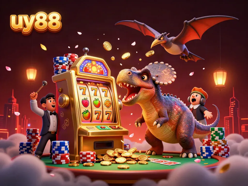 Experience the thrilling action of uy88 with a pachycephalosaurus striking a golden slot machine amidst flying coins.