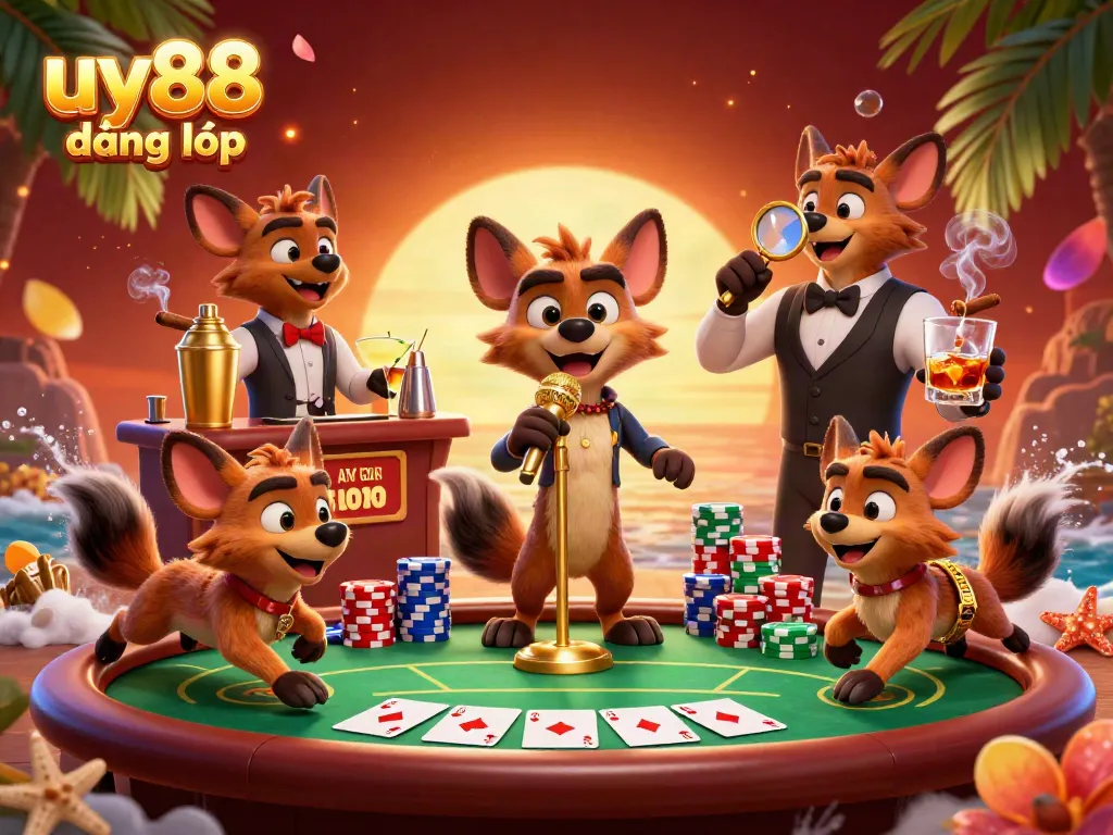 Engage with the excitement of uy88 đăng nhập at a vibrant casino with cartoon hyenas in action, creating a festive atmosphere.