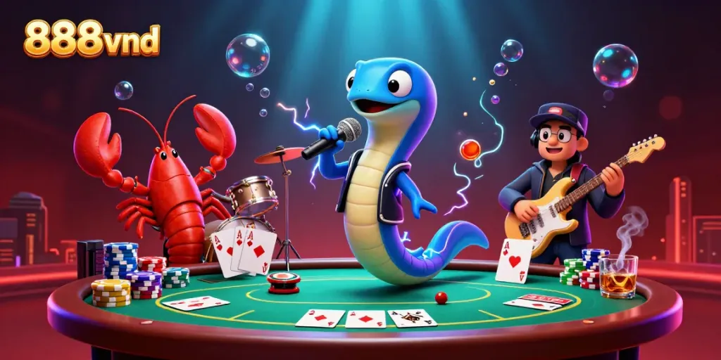 Electric eel DJ energizing an underwater casino atmosphere full of gambling excitement at 888vnd.