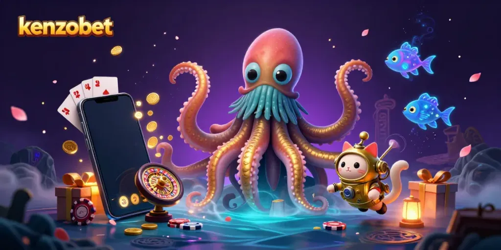 Experience thrilling wins with kenzobet in this vibrant 3D casino scene featuring a kraken and a diving cat.