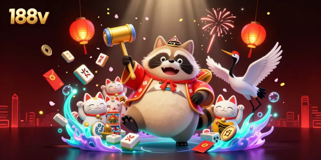 Engage with 188v's vibrant casino atmosphere featuring cheerful tanuki and lucky symbols.