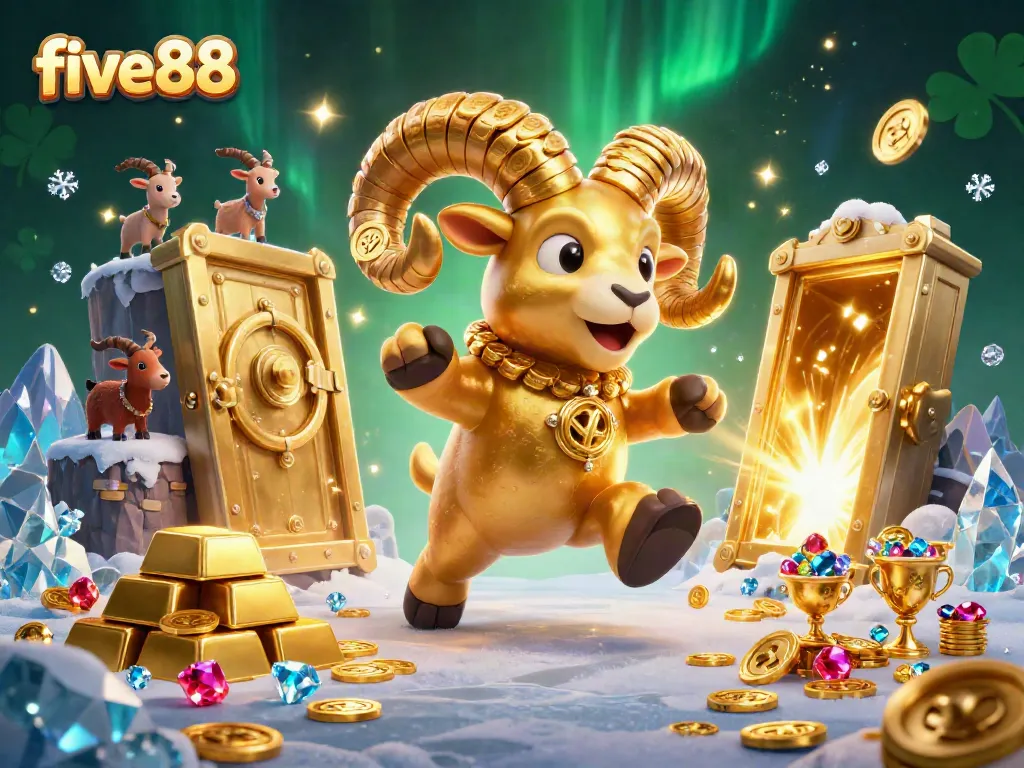 Experience excitement with five88, featuring a golden ram charging towards treasures in a vibrant casino scene.