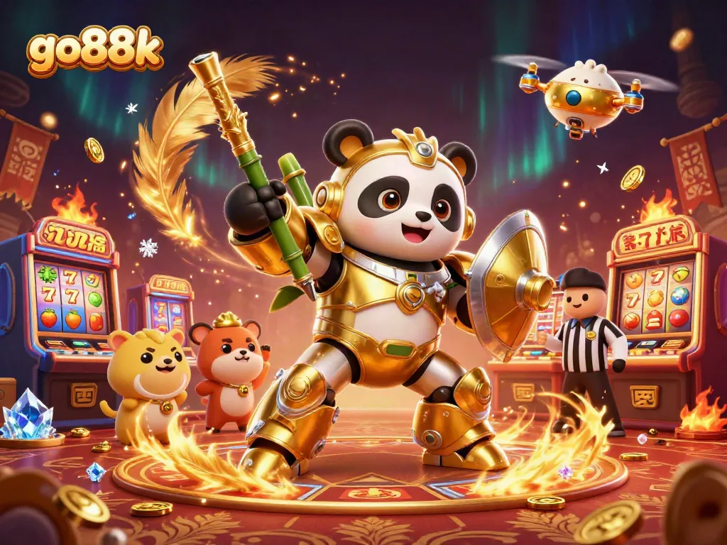 Experience thrilling gameplay with go88k as a golden panda pilots a robotic fighter in a vibrant casino
