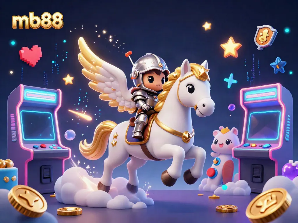 Play thrilling games on mb88 with a mystical scene of a golden-winged horse and knight amidst electrifying casino elements.