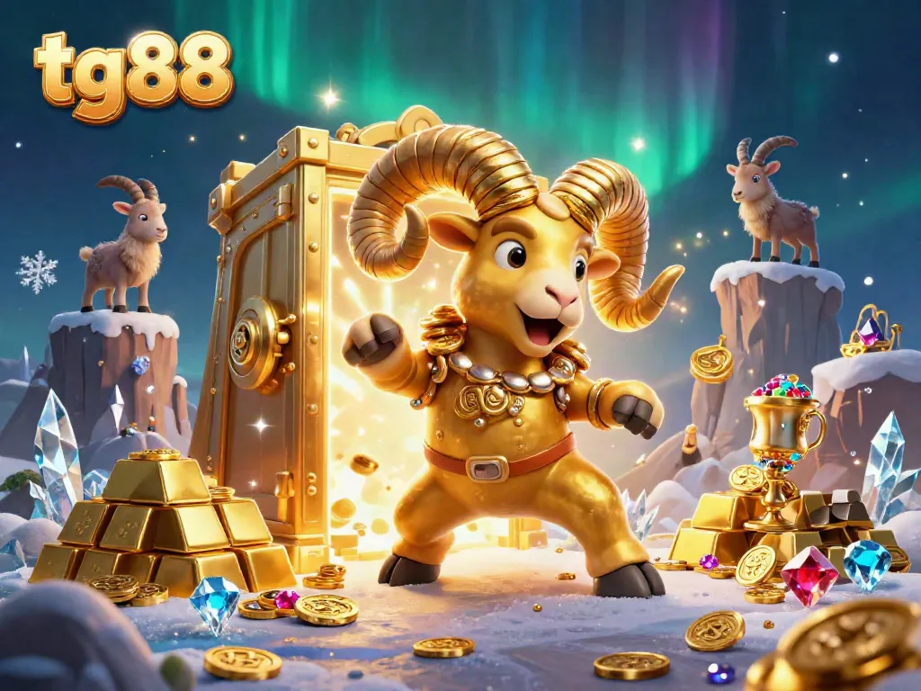 Engage in thrilling games at tg88, where a 3D golden ram charges through a gleaming casino scene.