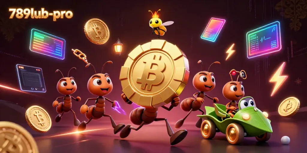 Experience the thrilling heist with 789lub-pro's 3D cartoon ants holding a giant poker chip amidst vibrant gaming elements.