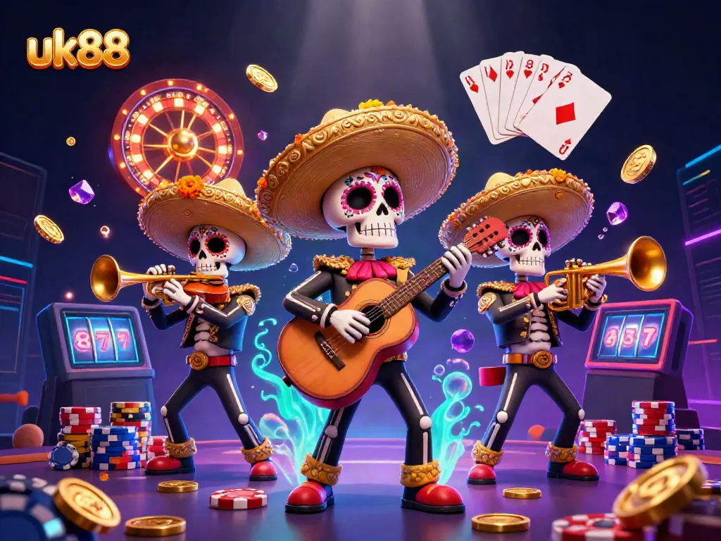 Experience the electrifying game atmosphere at uk88 with a colorful Day of the Dead mariachi band amid sparkling casino elements.