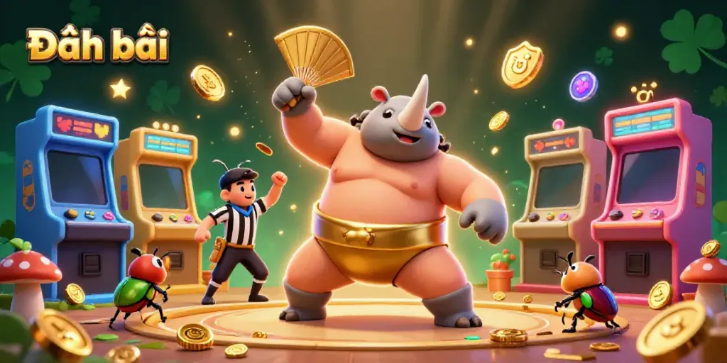 Experience Đánh bài with a dynamic sumo champion beetle amidst golden coins and vibrant arcade elements.