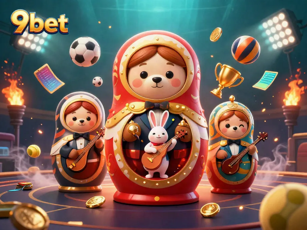 Experience the lively online casino world with 9bet's vibrant 3D cartoon illustration featuring unique characters and dynamic visuals.