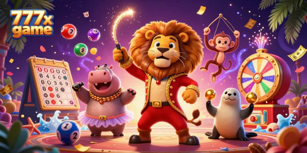 Play 777x game with excitement as colorful elements surround cartoon characters in a vibrant casino.