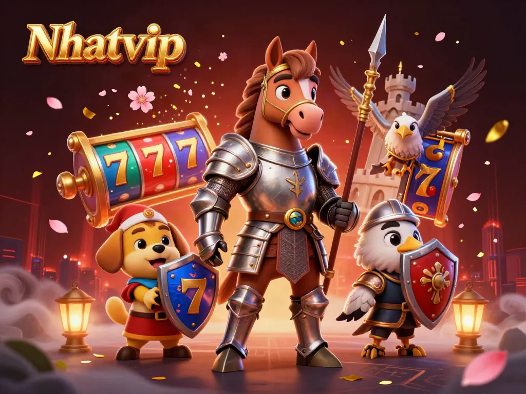 Nhatvip reveals captivating slot adventures with vibrant action, showcasing a knight, squire, and falcon amidst stunning symbols.