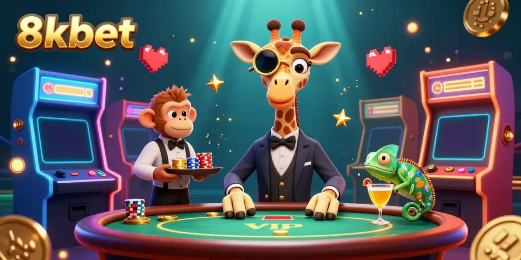 Engage with 8xbet's vibrant casino experience as a high-roller giraffe enjoys a poker game.