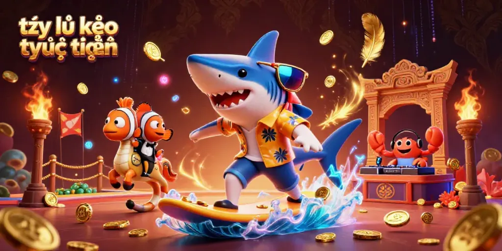 Experience the thrill of tỷ lệ kèo trực tuyến with vibrant aquatic characters and casino-themed elements in this dynamic illustration.
