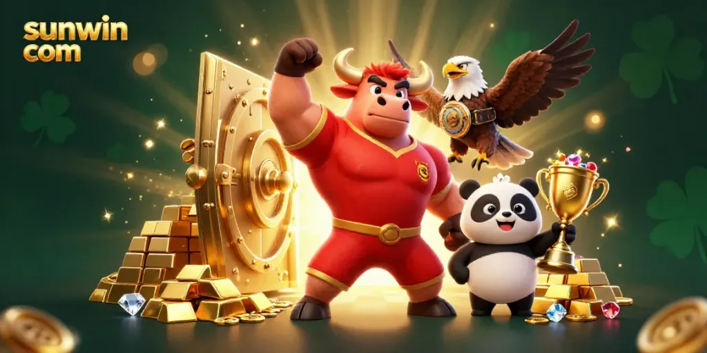 Experience the thrill of the sunwin com casino with a vibrant scene showcasing a muscular bull mascot, eagle, and panda amid treasure and gaming symbols.