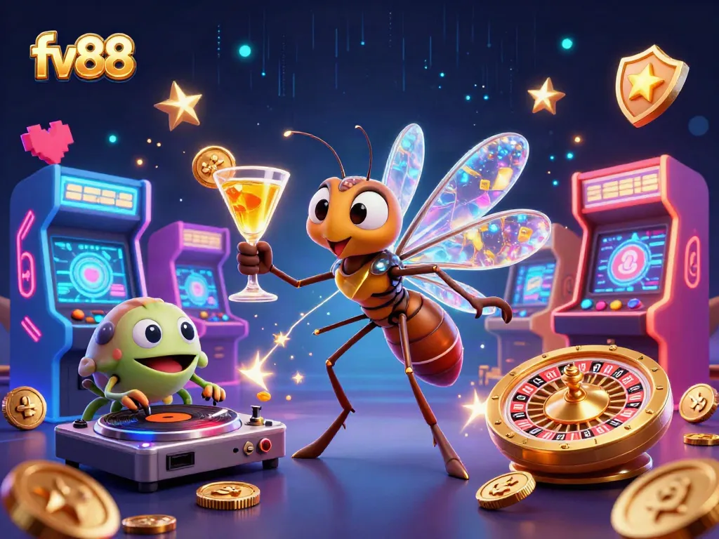 Experience thrilling gameplay with fv88's lively casino atmosphere featuring animated characters and bright arcade elements.