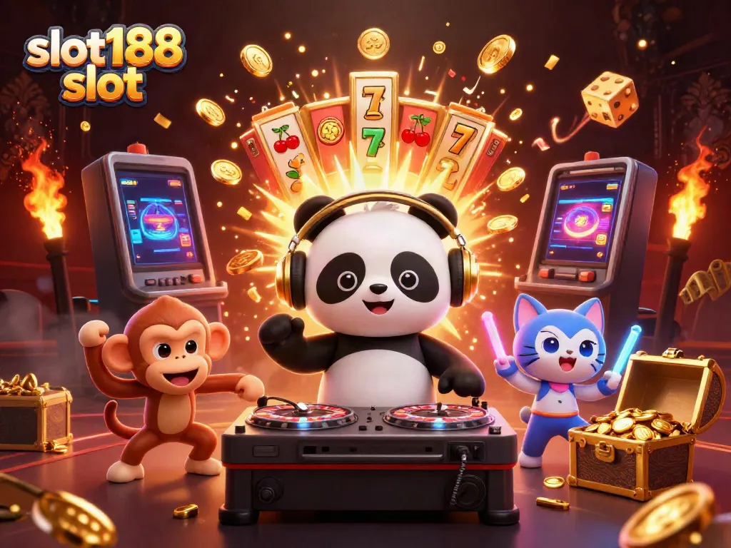 Slot188 slot memperlihatkan panda DJ 3D dan karakter unik lainnya dalam ilustrasi kasino yang menarik.