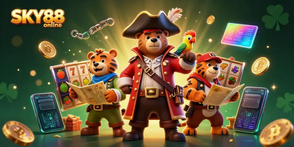 Play exciting games at SKY88 online with thrilling pirate-themed illustration.