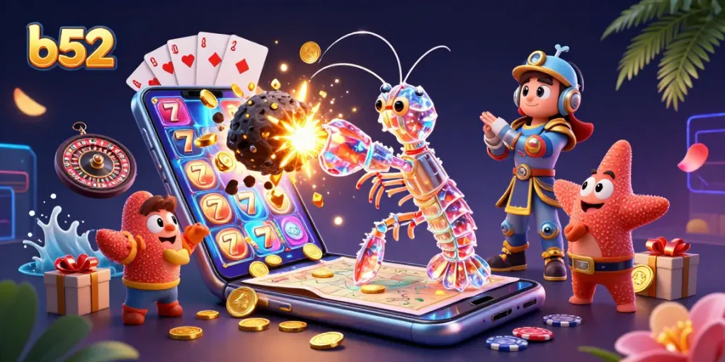 B52 slots come alive as a mantis shrimp battles through gems in this dynamic casino scene.