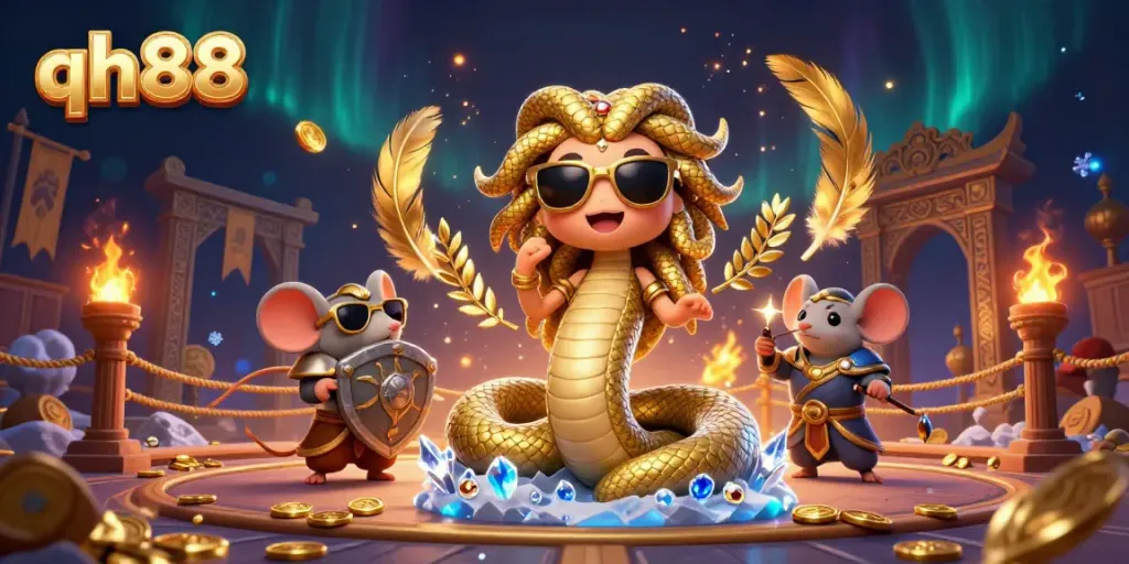Engage with qh88's vibrant casino world featuring Medusa and action-packed game elements.