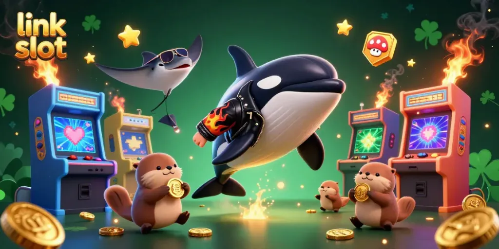 Experience the thrill of link slot gameplay with vibrant casino characters and arcade elements.