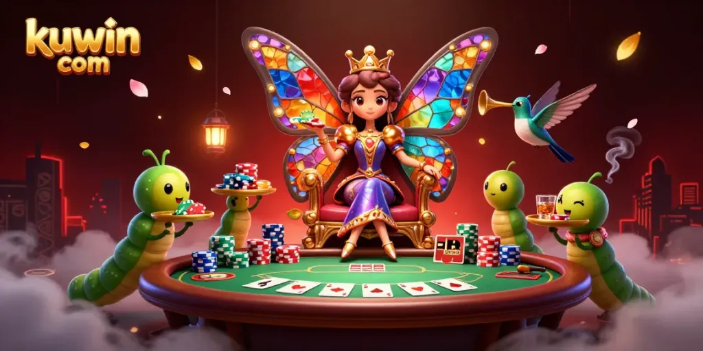 Win chips at kuwin com with an enchanting butterfly queen surrounded by poker elements and vibrant colors.