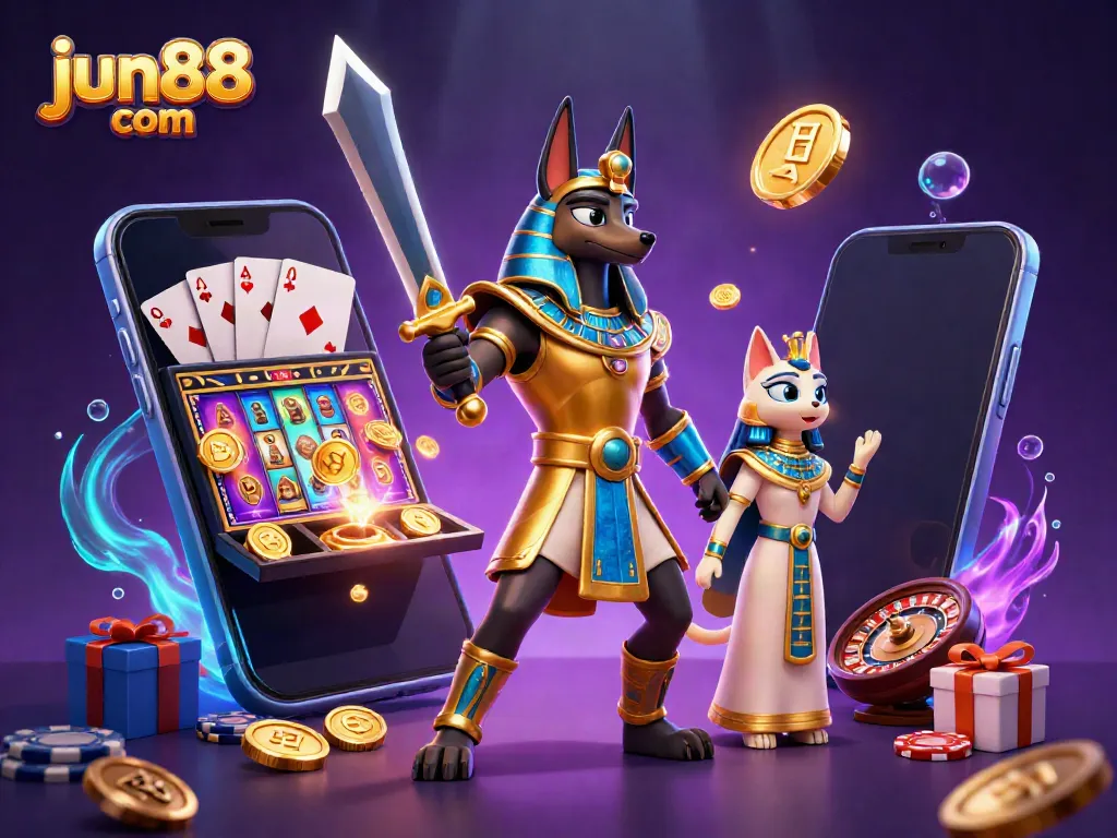 Experience thrilling gaming at jun88 com with Anubis and Bastet amidst colorful slot games.