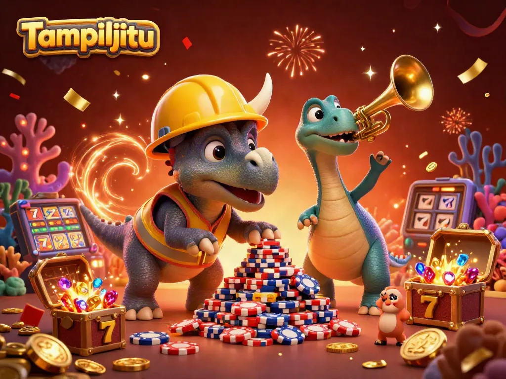Celebrate big wins at Tampiljitu with a colorful casino scene of playful characters and vibrant game elements.