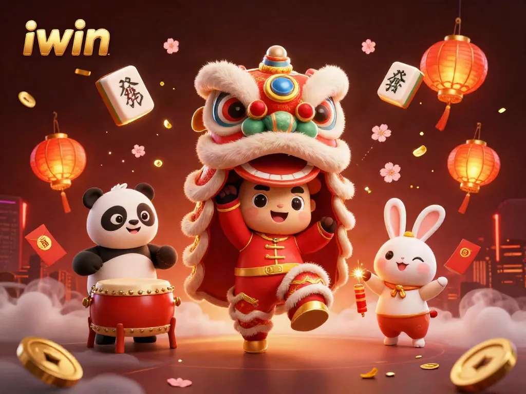 Play iwin's vibrant casino-themed illustration with lion dance and festive decorations, showcasing classic gaming elements.