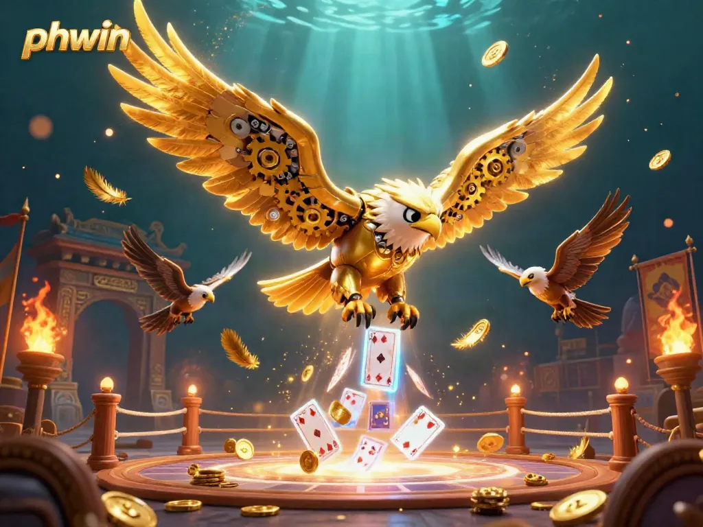 Engage with phwin's iconic golden eagle diving through holographic cards in a vibrant casino scene.