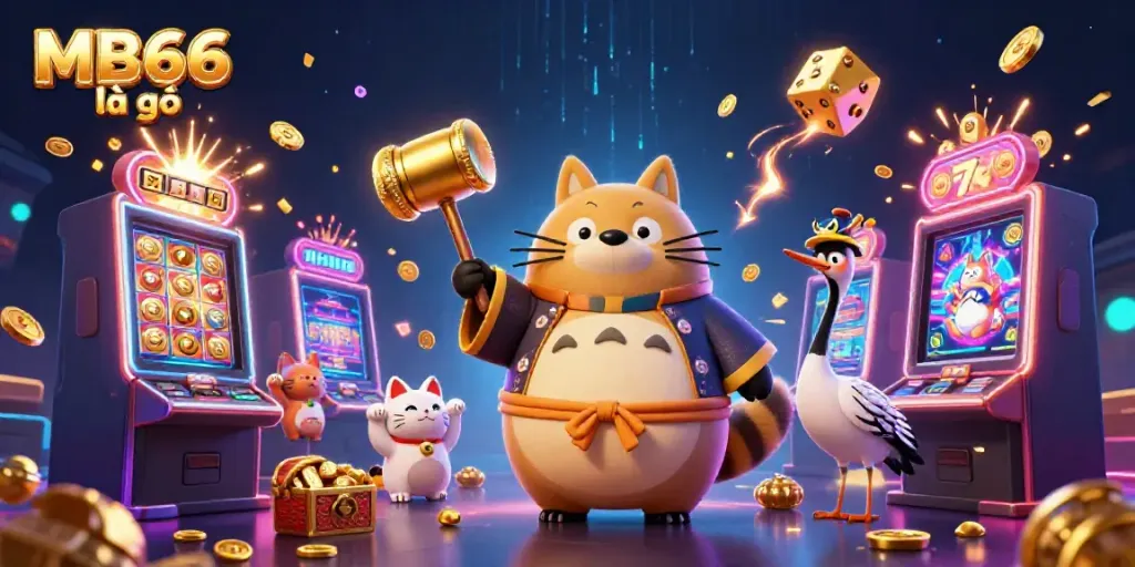 Spinning slots and golden treasures illustrate MB66 là gì in vibrant casino ambiance.