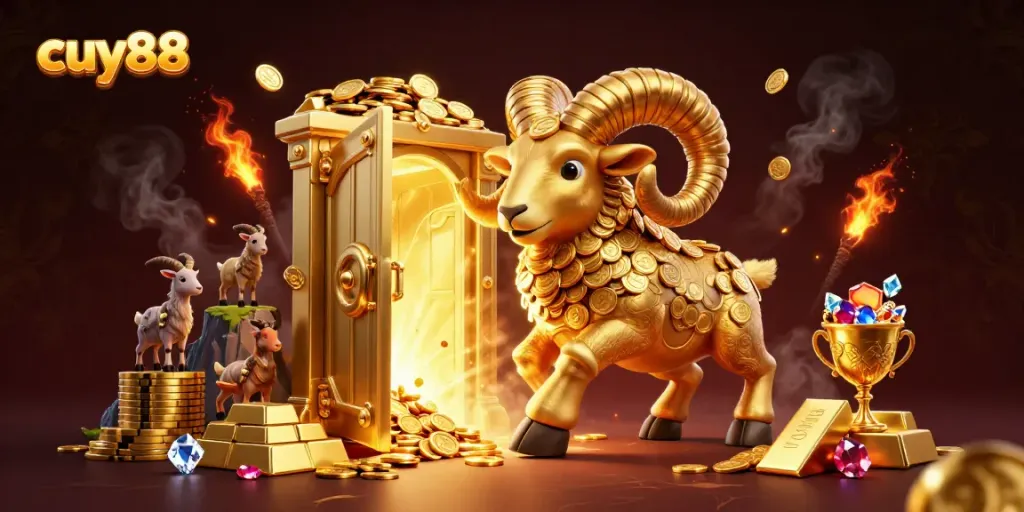Experience thrilling casino excitement with cuy88's dynamic golden ram illustration filled with treasures.