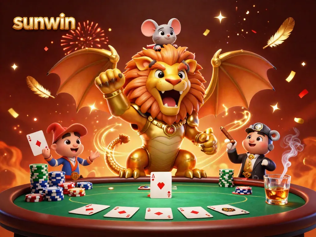 Experience the thrilling victory at sunwin as a chimera and mouse jockey celebrate with poker riches.