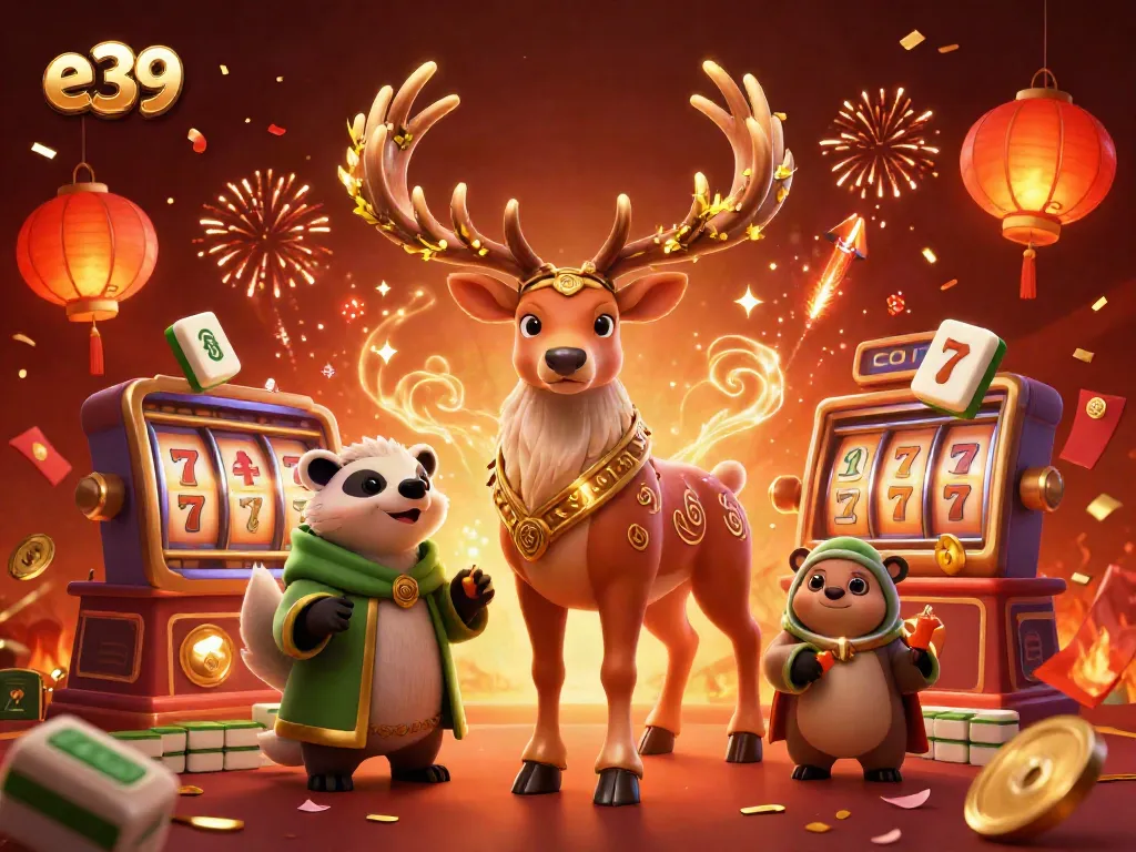 Engage with e39's vibrant casino atmosphere featuring a druid stag with magical elements, rich casino symbols.