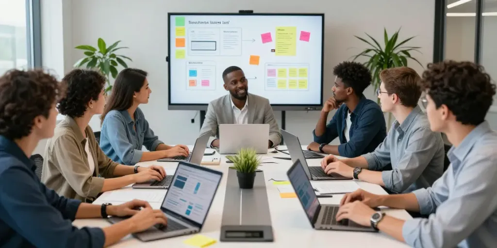 Diverse team collaborating around a conference table at ISTANA404, showcasing business and technology insights.