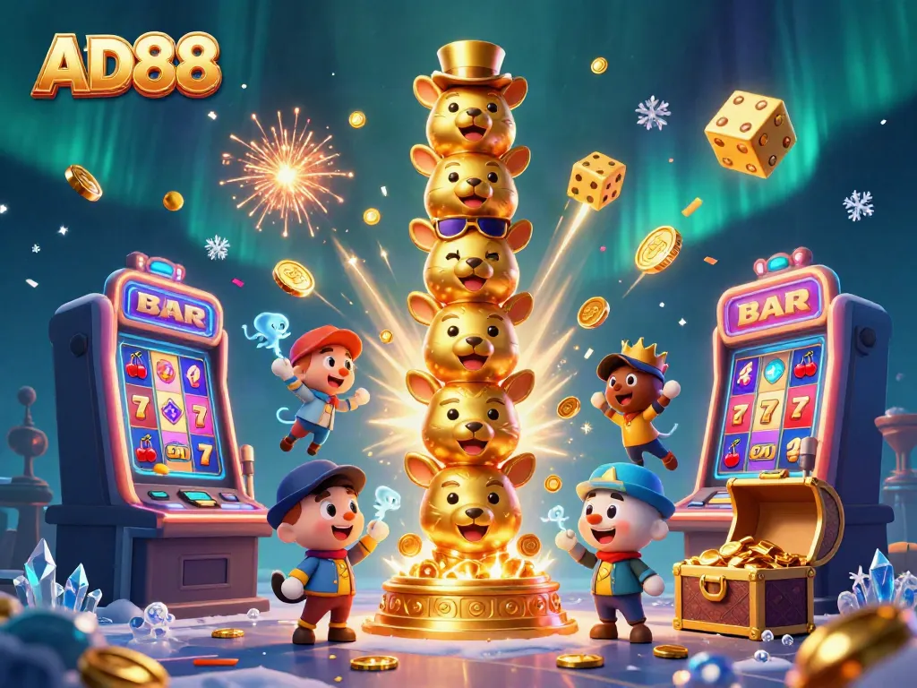 Experience thrilling gaming moments at AD88 amidst colorful slot machines and vibrant casino games.