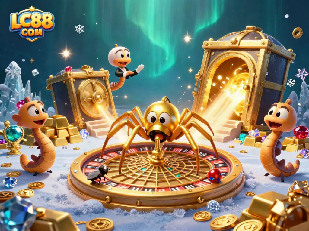 Bet with confidence at LC88 COM while the spider spins the roulette wheel in a rich casino scene.