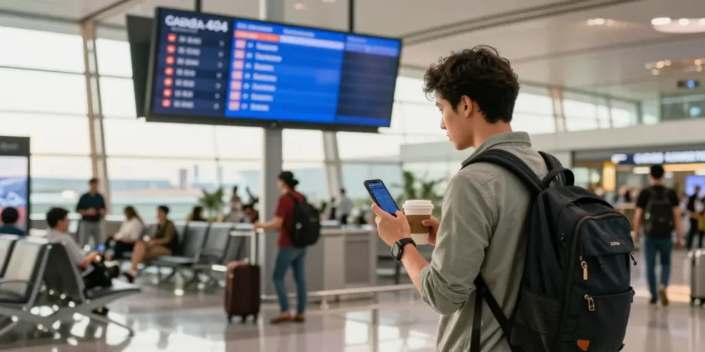 Traveler checking garuda 404 flight status at airport terminal