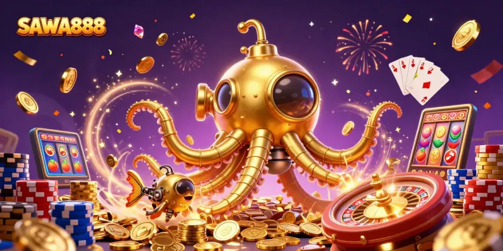 Experience the thrill of winning with SAWA888's vibrant casino illustration filled with riches and excitement.