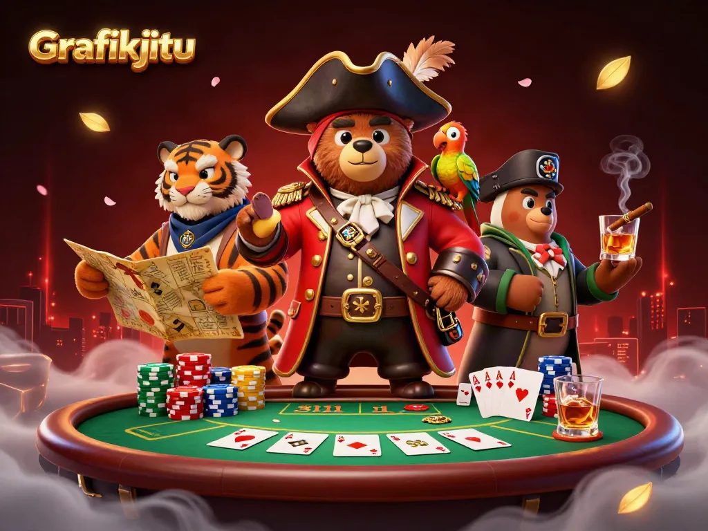 Grafikjitu showcases thrilling poker action with a pirate captain bear, a tiger, and vibrant casino elements.