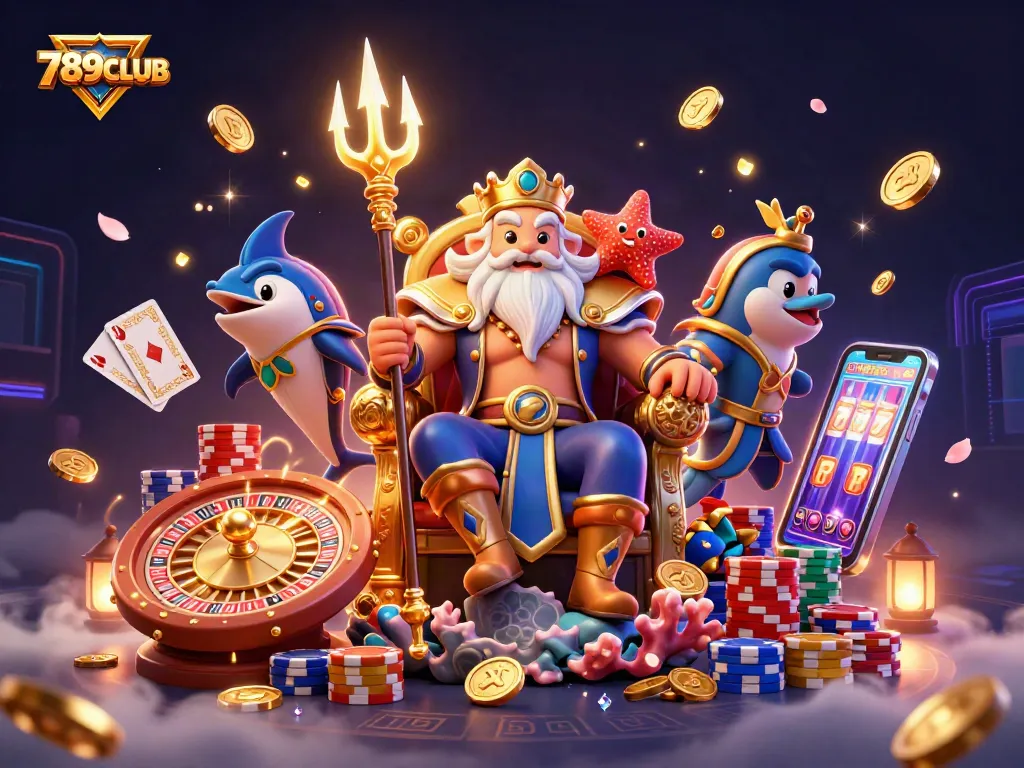 Interacting 789CLUB characters celebrate fortune with dazzling gaming elements in a rich casino illustration.