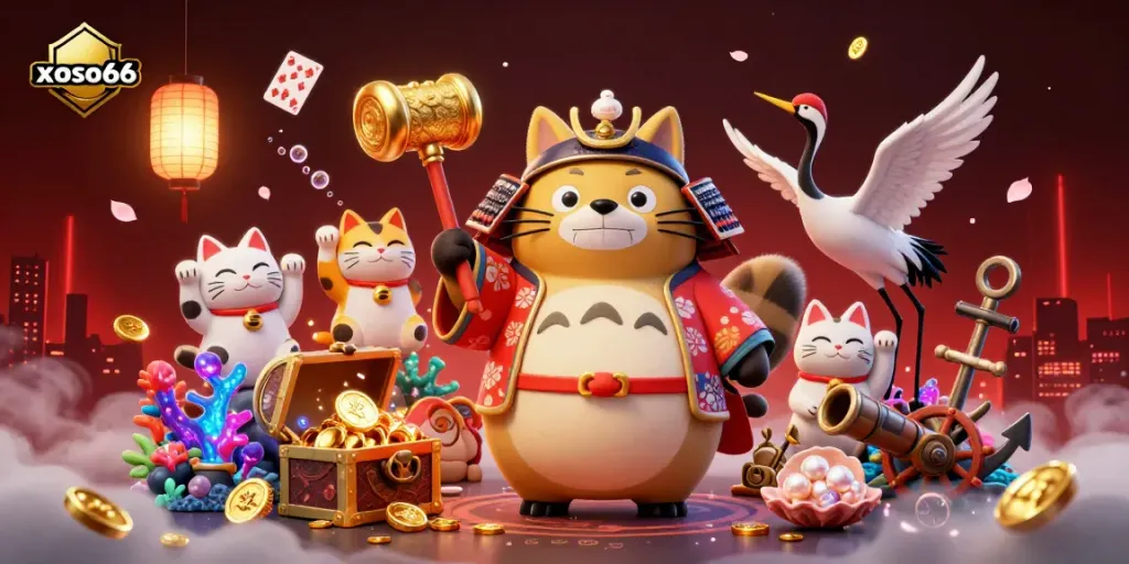 Engage with xoso66 through this vibrant 3D illustration showcasing the joy of gaming, featuring lucky symbols.