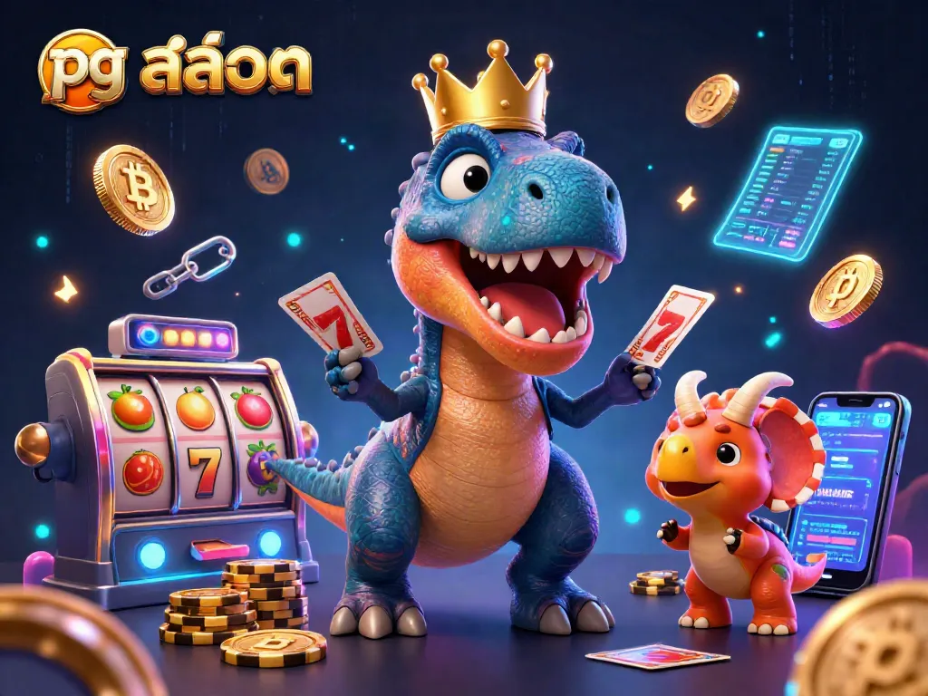 Experience pg สล็อต action with a T-Rex and friends in a lively casino setting.