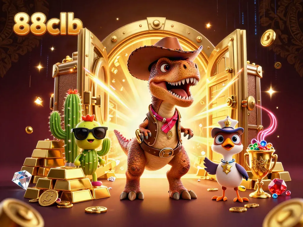 Win big with 88clb and experience ultra-detailed 3D casino adventure illustration featuring T-Rex and treasures.