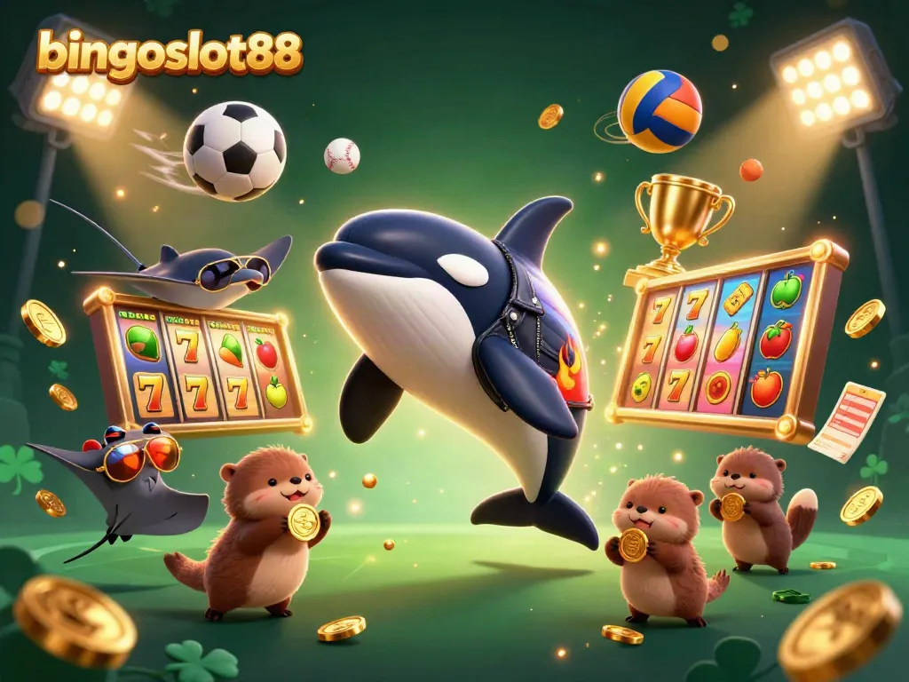 Bersenang-senang dengan bingoslot88 bersama karakter menarik dan simbol slot di latar belakang.