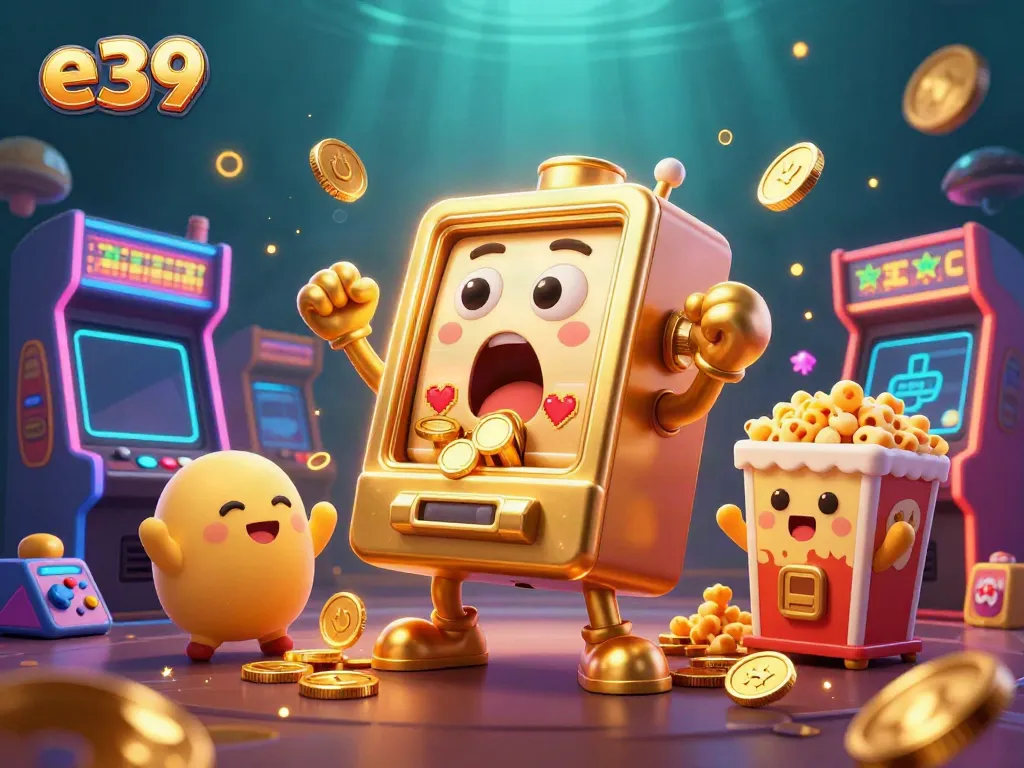 Experience excitement with e39's animated slot machine jackpot scene, vibrant casino elements!
